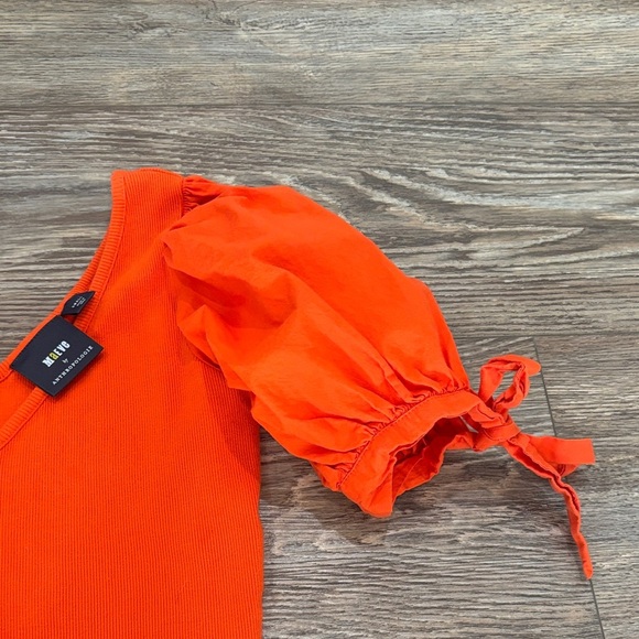 Maeve by Anthropologie Puff Sleeved Ribbed V-neck Top Women's Size Small Orange - Picture 5 of 7